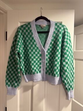J. Crew Green and Light Blue Checkerboard V-Neck Cardigan